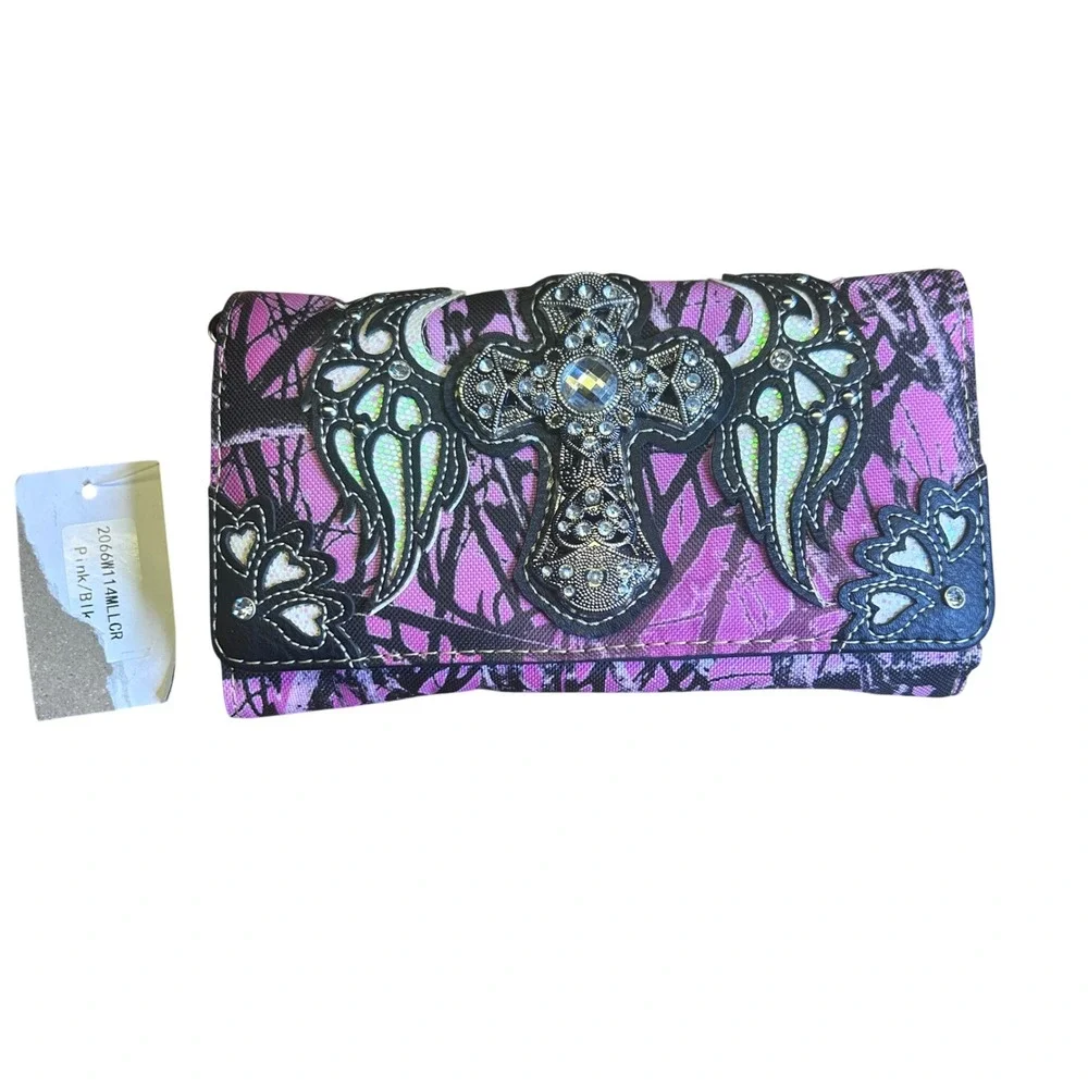 Western Camo deer Crossbody Wallet Pink Canvas Rhinestone Cross Angel Wings Y2K